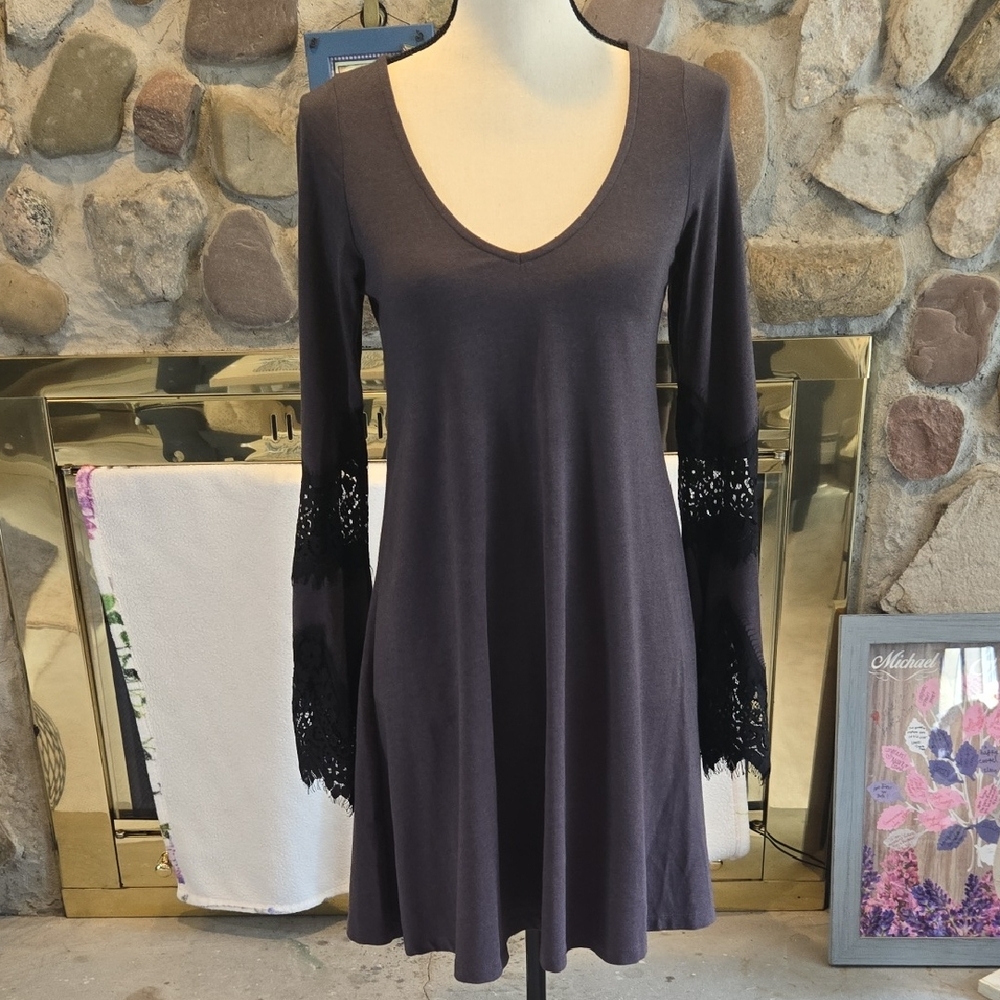 Express Charcoal Long Bell Sleeve Dress with Lace Accents